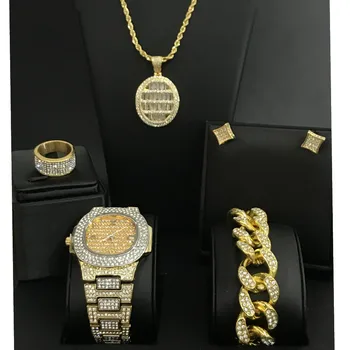 

Watch Men Ice Out Cuban Hip Hop Watch &Necklace & Bracelet &Earrings &ring Combo Set Top Brand jewelry Pendant Necklace For Men