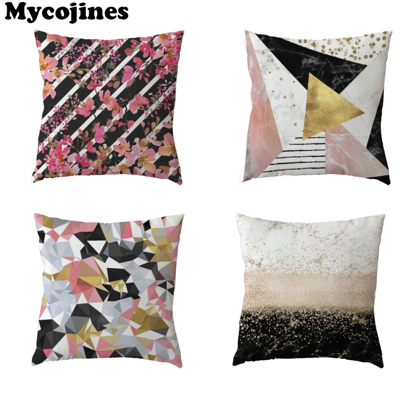 Hot Sale Cushion Cover 45x45cm Pink Geometric Stripes Gold Colorful Flowers Home Sofa Decor Polyester Peach Skin Pillow Cases | Дом и сад