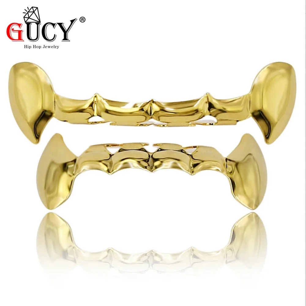 

GUCY Hip Hop Fang Grills Caps Gold Color Plated Half Teeth Dracula Vampire Fangs Slim Grill Top & Bottom Grillz Teeth Set