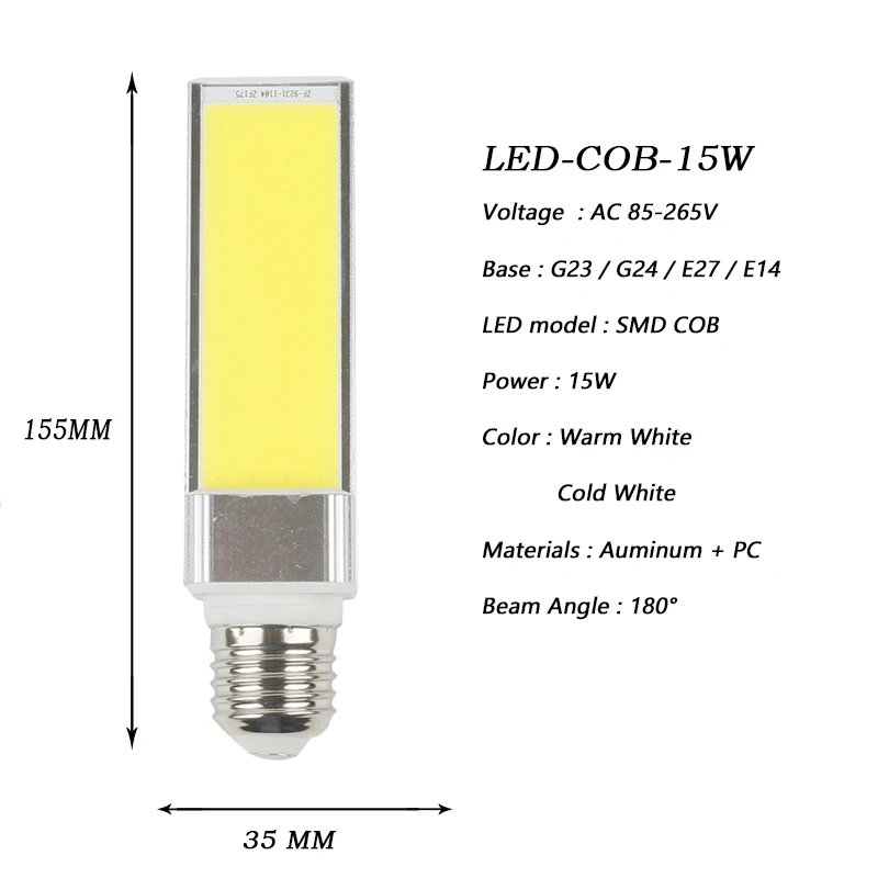 Z30 COB светодиодный светильник 10 Вт 15 Вт 20 Вт G23 G24 Светодиодный светильник 180 градусов кукурузные лампы Белый AC85-265V горизонтальный штекер точечные потолочные светильники