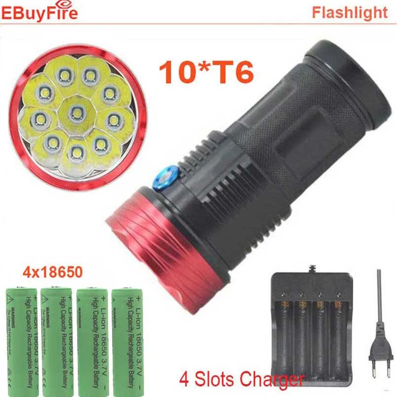

King LED Flashlight 10T6 High Brightness 20000Lm 10x T6 Waterproof FlashLight Recharge Torch lanterna led with 4x 18650 Battery