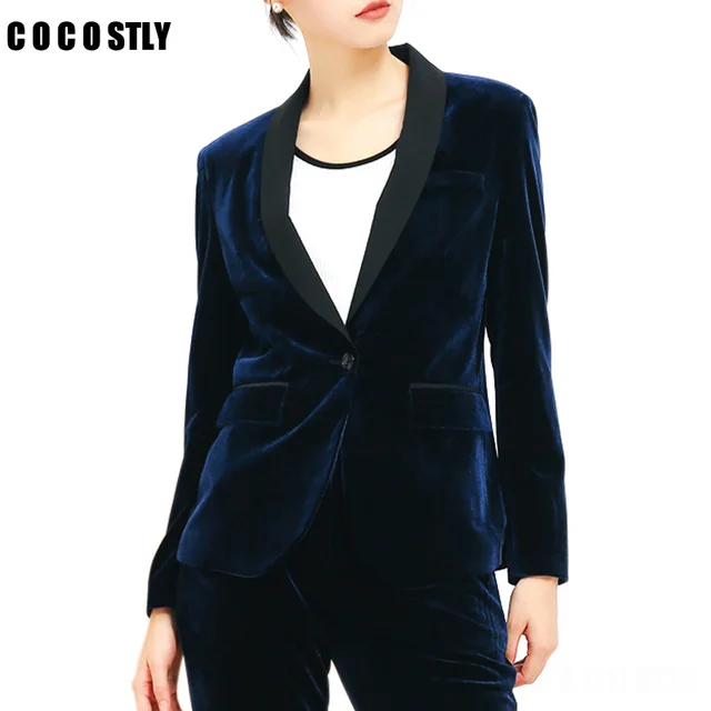 High Quality 2018 red blue velvet blazer women bleu marine ladies