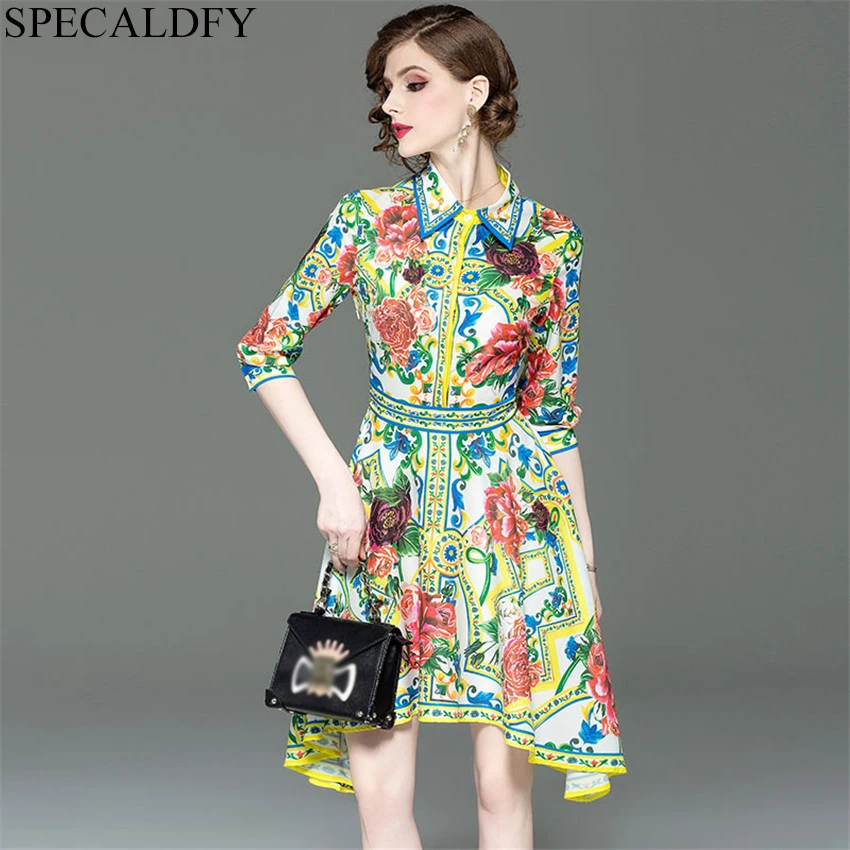 

Spring Summer Dress Women Designer Dresses Runway 2019 High Quality Fashion Vintage Midi Shirt Dress Floral Vestidos Robe Femme
