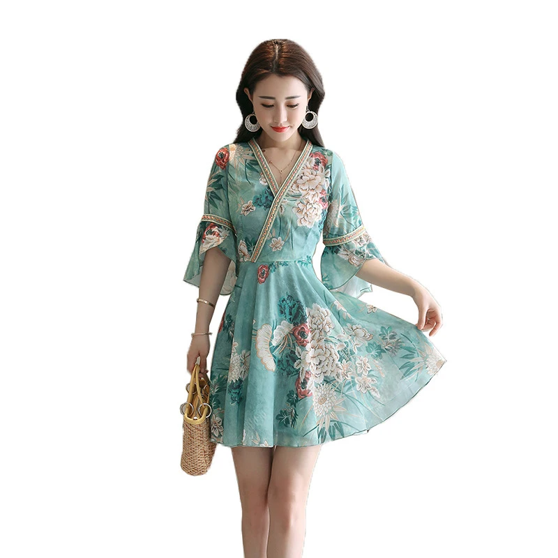 

Women Party Dress 2019 Summer Fashionable New Korean Version Slim Printing Holiday Midi Dresses Chiffon Casual Vintage Clothing