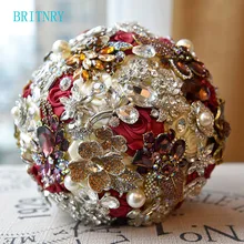 BRITNRY высокое качество роскошный свадебный букет атласная роза Бургундия цветы невесты букет из бисера брошь букет