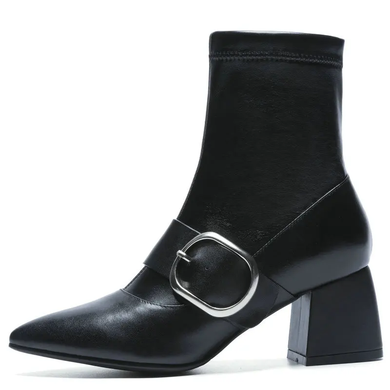 

Brand Design Square Heel Pointed Toe Genuine Leather Ankle Boots for Woman Fashion Short Heel Sock Boots Ladies Buckle Shoes