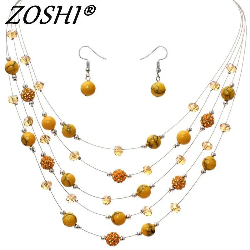 ZOSHI, богемный стиль, африканские бусы, ювелирные наборы для женщин, Посеребренная многослойная цепочка, ожерелье, серьги, наборы, ювелирные изделия с кристаллами