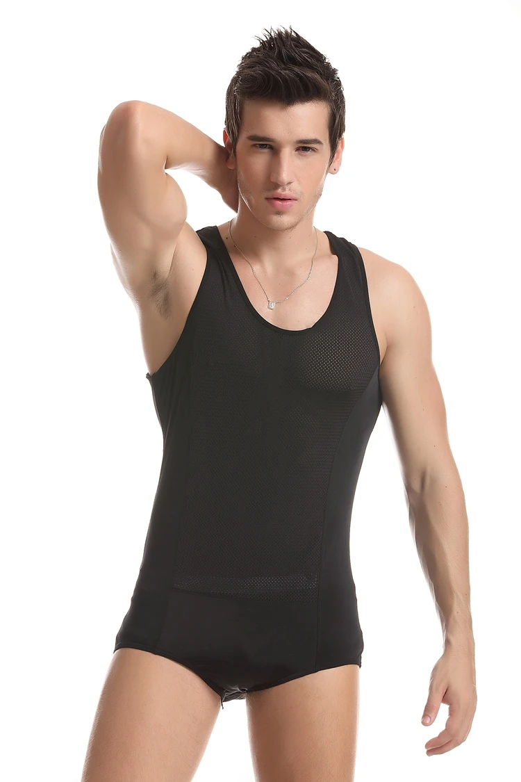 Brand Men's Sexy Underwear Male Mesh Vest Bodysuits Jumpsuit black