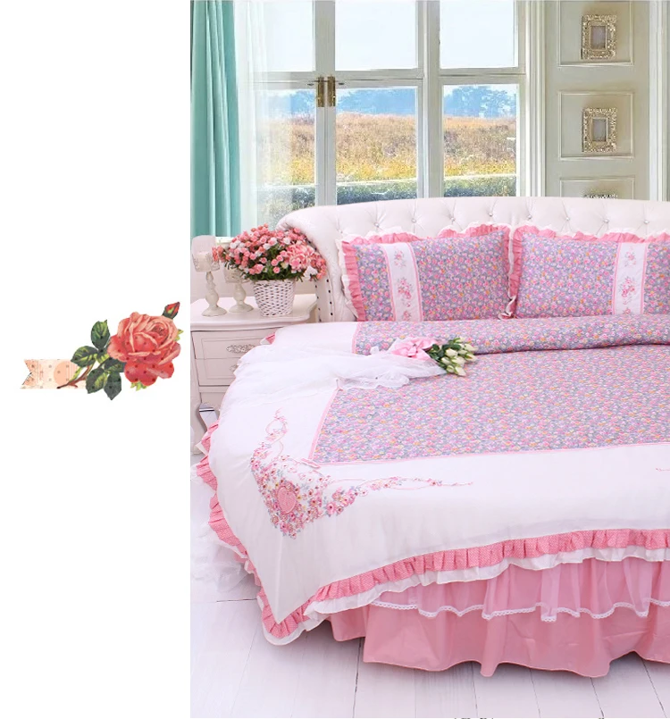 Cheap LACE ROUND Corner Bed Europe Orange color Flower Bedding sets Cotton Round Double Bed sheet Duvet cover Pillow case Bedskirt 50