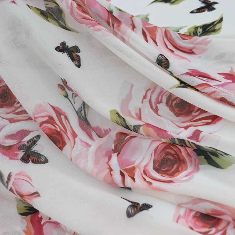 2018 new Rose butterfly digital painting mesh fabric for dress tissu au