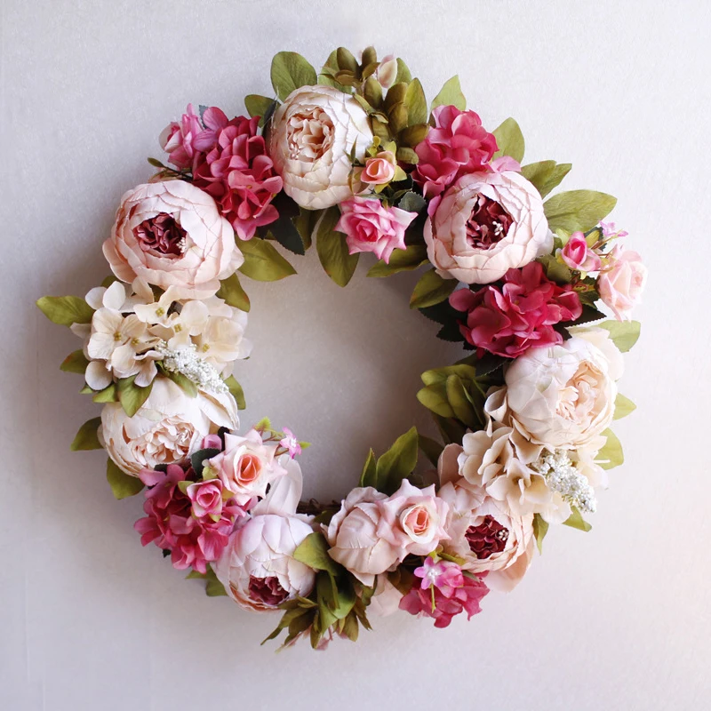 Christmas Silk Peony Rose Artificial Flowers Wreath Door High Quality Artificial Garland For Wedding decoration Home Party Decor - Цвет: A pink 40cm
