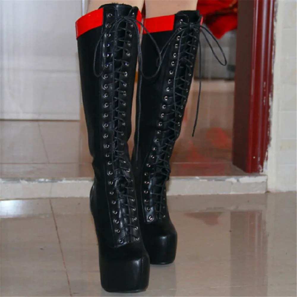 Очень стильные женские сапоги до колена красивые сапоги на платформе и тонком каблуке с круглым носком соблазнительная черная обувь женские американские размеры 4–10 5