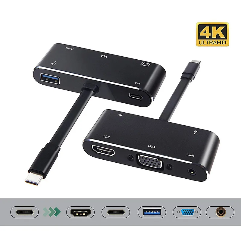 

5 in 1 USB C to HDMI Adapter 4K Type-C to HDMI/VGA/Audio/USB 3.0 Port+USB C Port(PD) Converter for Laptop Macbook Nintend Switch