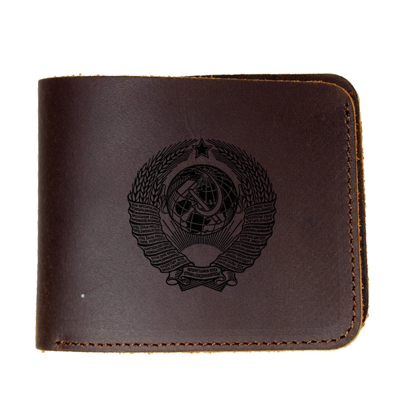 

Engraved Soviet Union USSR Wallet Men Simple Card Holders Small Purse Male Genuine Leather CCCP Wallet