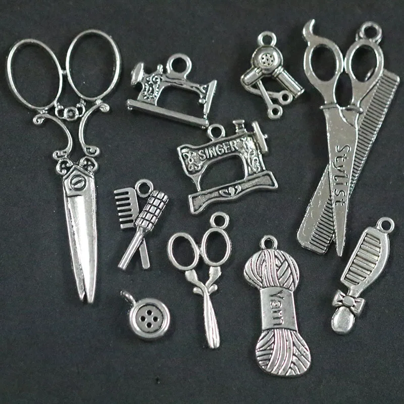 

Mixed Hair Dryer Scissors Comb Sewing Button Pendant Charms For Jewelry Making DIY Handmade Fashion Jewelry Accessories Vintage