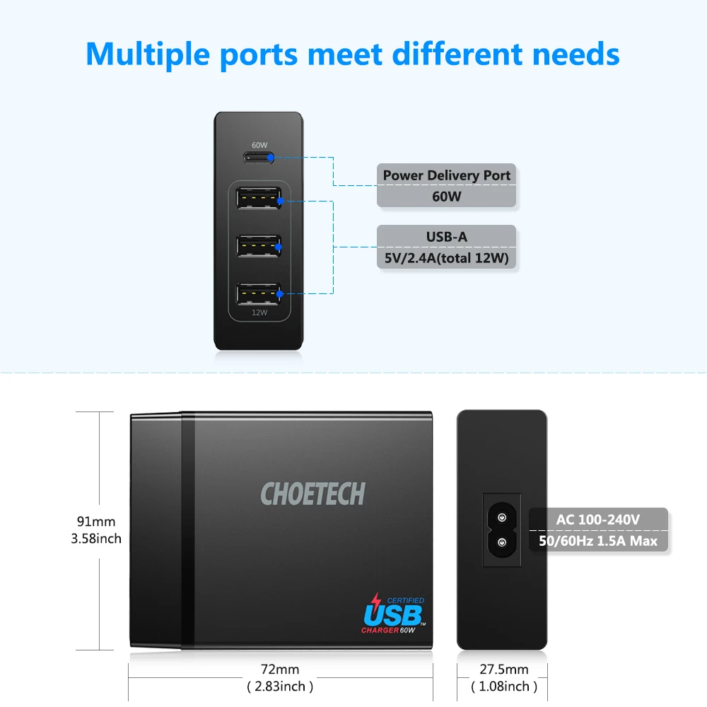 CHOETECH 72W 4 Port USB Type C Desktop Charger