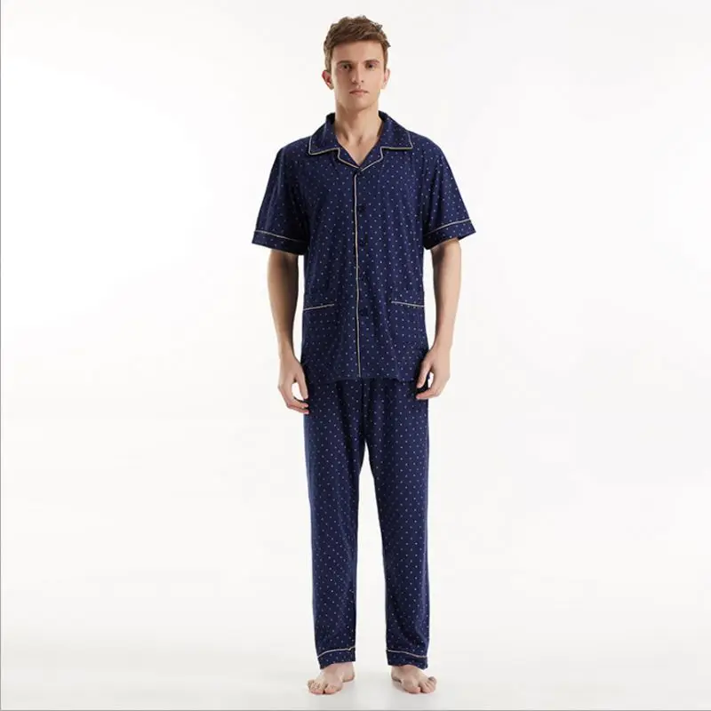 Летняя брендовая Домашняя одежда, повседневные наборы пижам для пар, Мужская Хлопковая пижама с воротником, костюм, мужские рубашки в горошек+ штаны - Цвет: Navy Men 2