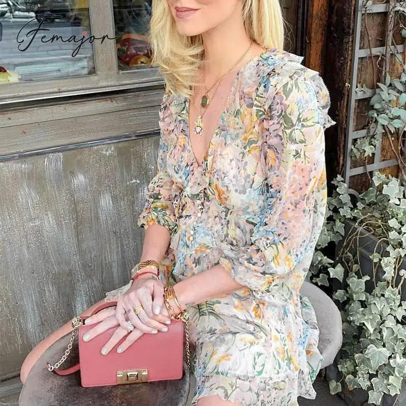 

Femajor Fashion Colorful Print Short Jumpsuit 2019 Autumn Winter Long Sleeve V Neck High Waist Chiffon Rompers Mujer Jumpsuit