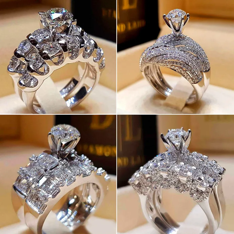

Luxury Female Crystal Zircon Engagement Ring Set Fashion 925 Silver Big Stone Finger Ring Vintage Bridal Wedding Rings For Women