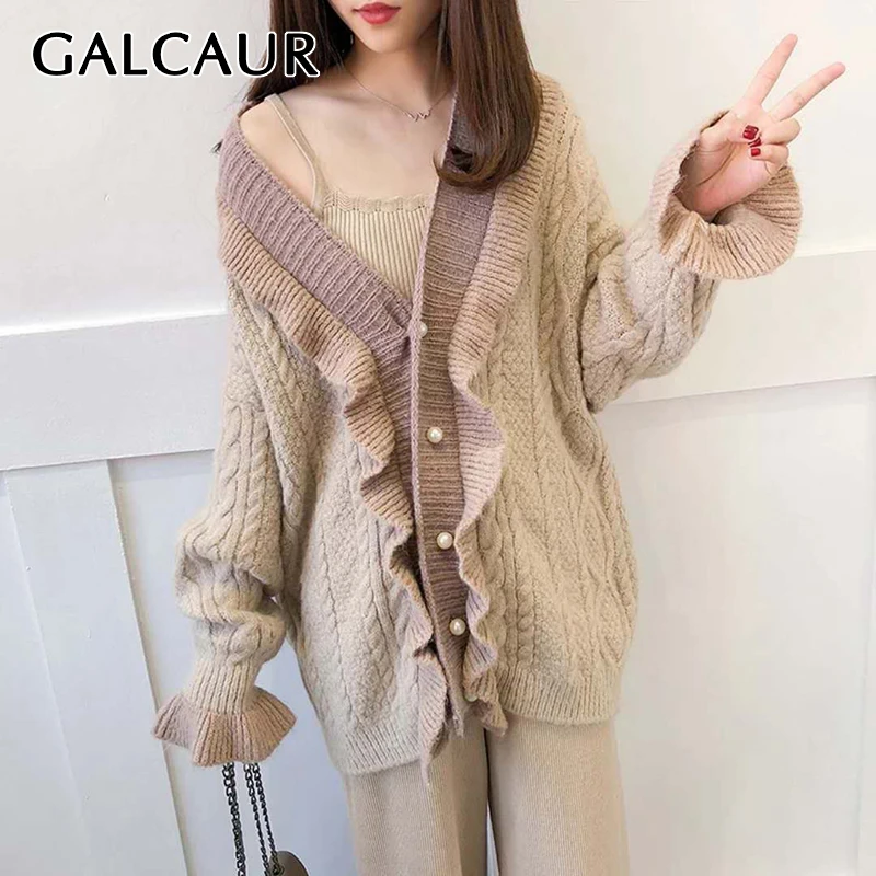 ^Cheap GALCAUR Elegant Ruffles Patchwork Sweater For Women V Neck Flare Sleeve Cardigans Loose Sweaters Female 2019 Fashion Winter ^Cheap GALCAUR Elegant Ruffles Patchwork Sweater For Women V Neck Flare Sleeve Cardigans Loose Sweaters Female 2019 Fashion Winter