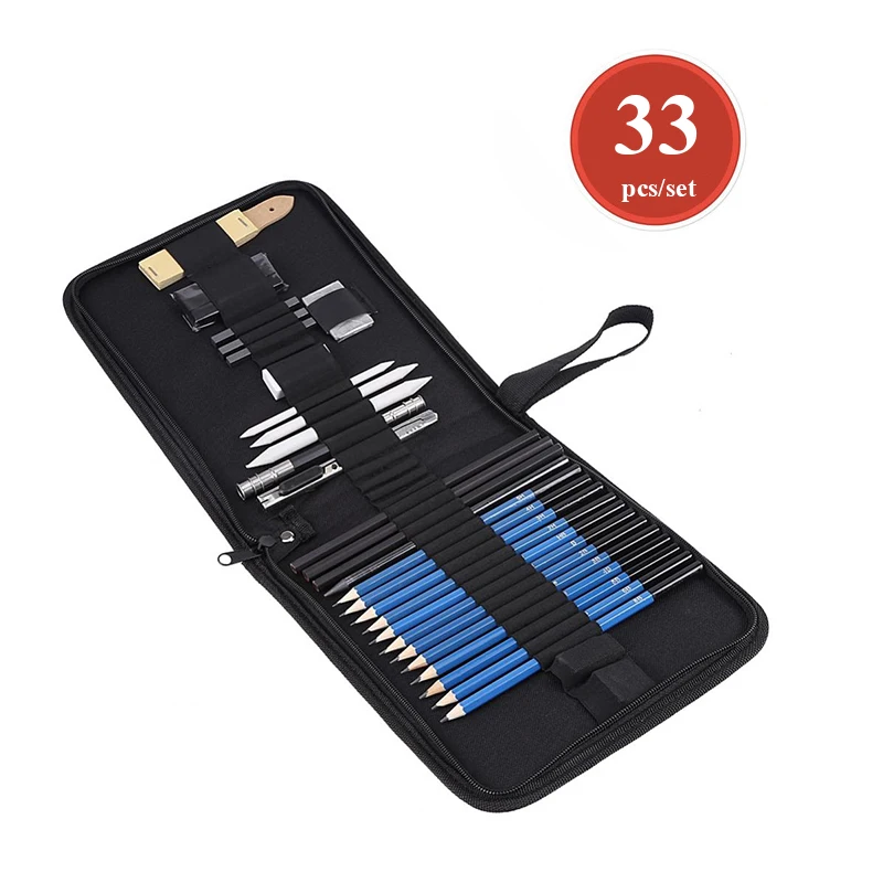 

33pcs Professional Drawing Sketch Pencil Kit Sketch Graphite Charcoal Pencils Sticks Erasers Sharpener with Bag for Art Supplies