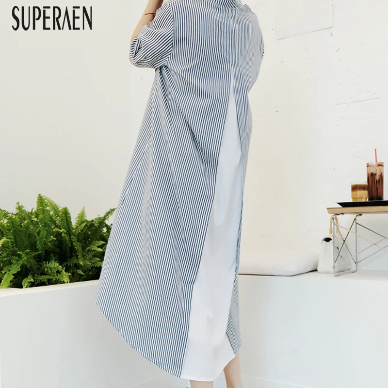 

SuperAen Striped Women Long Shirt Summer New 2019 Fashion Casual Ladies Blouses Half Sleeves Korean Style Wild Women Clothing