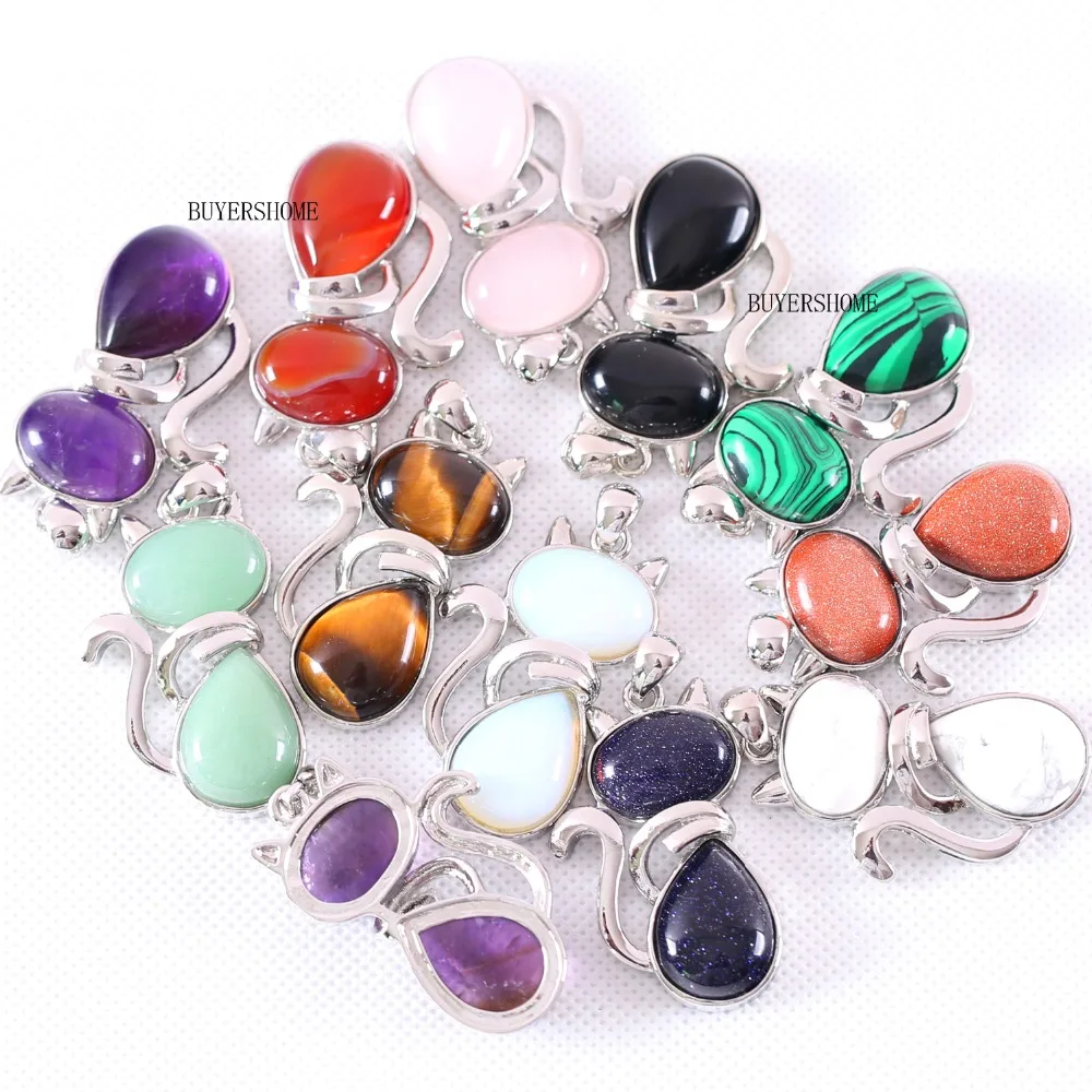

Natural Stone Bead Sandstone Howlite Opal Crystal Onyx Cute Cat Shape Pendant Fit Necklace For Girls Women Jewelry Gift 1Pcs