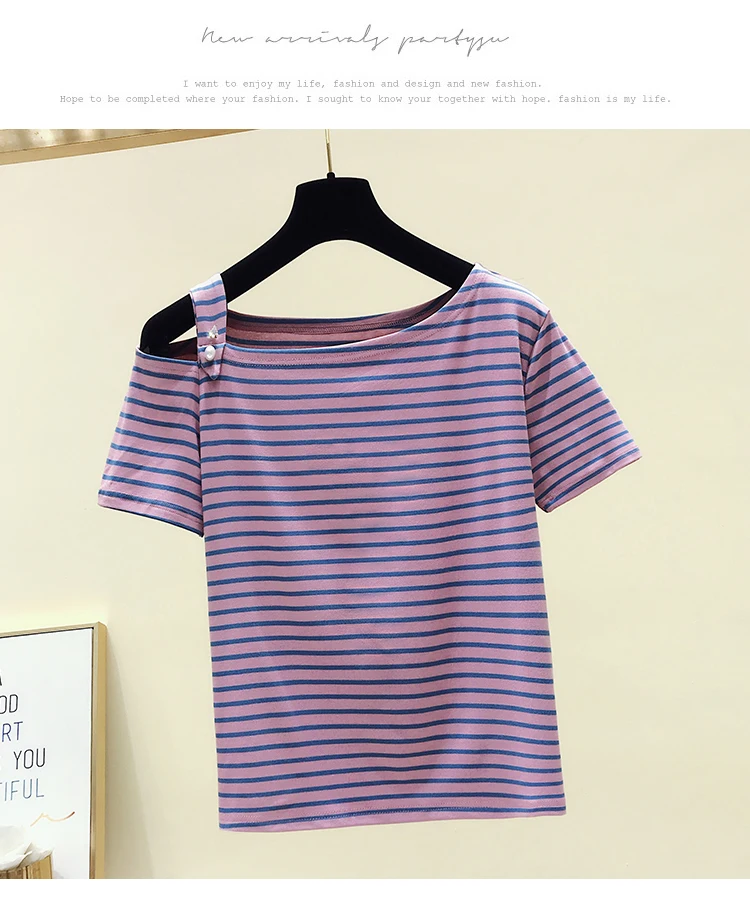 gkfnmt T-Shirt Cotton Striped Slash Neck T Shirt Women Ladies Tshirt Summer Top Female Short Sleeve Casual Tee Shirt Femme