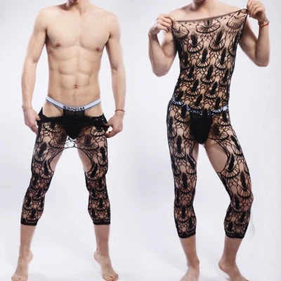 

Sexy Men's Open-crotch Coveralls Stockings Men Socks Net Mesh Underwear Lace Flower Gay Fishnet Can be Tops Vest