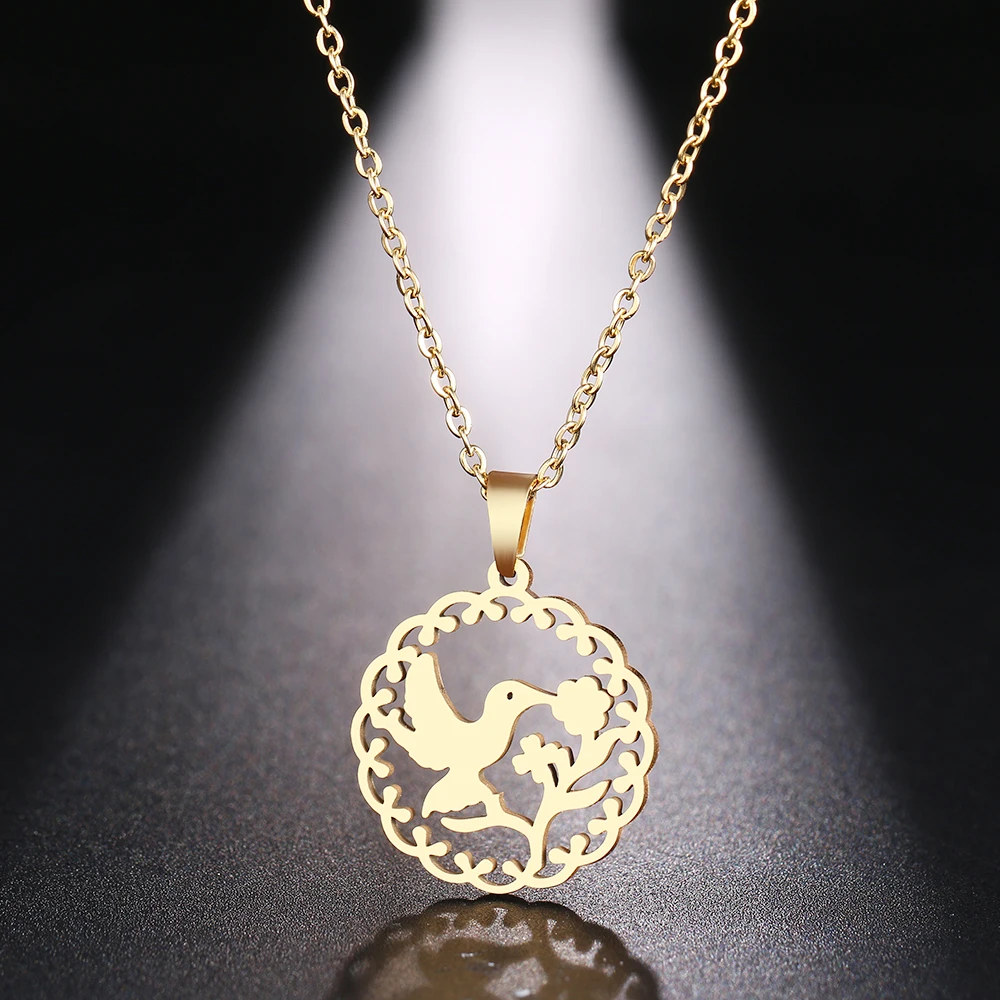 

DOTIFI Stainless Steel Necklace For Women Man Bird Kissing Flower Gold And Silver Color Pendant Necklace Engagement Jewelry