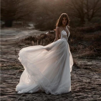 

White Wedding Dress 2020 A Line Appliques Tulle Backless For Girls Deep V-neck Vestido De Noiva Dubai Arabic vestido de novia