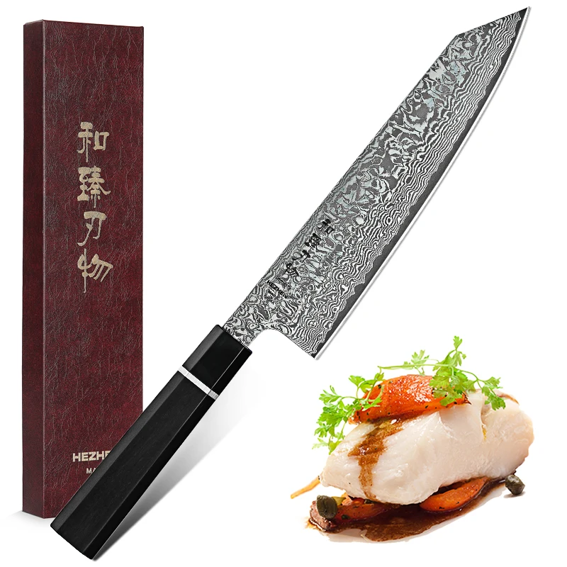 HEZHEN 8.5'' Kiritsuke Chef Knife Japan VG10 Damascus Steel Kitchen Knives Nice Cover Cook Tools Ebony Wood+Buffalo Horn