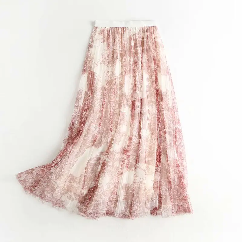 

Graffiti printed pleated mesh skirt female summer 2019 new ins super fire high waist was thin long skirt