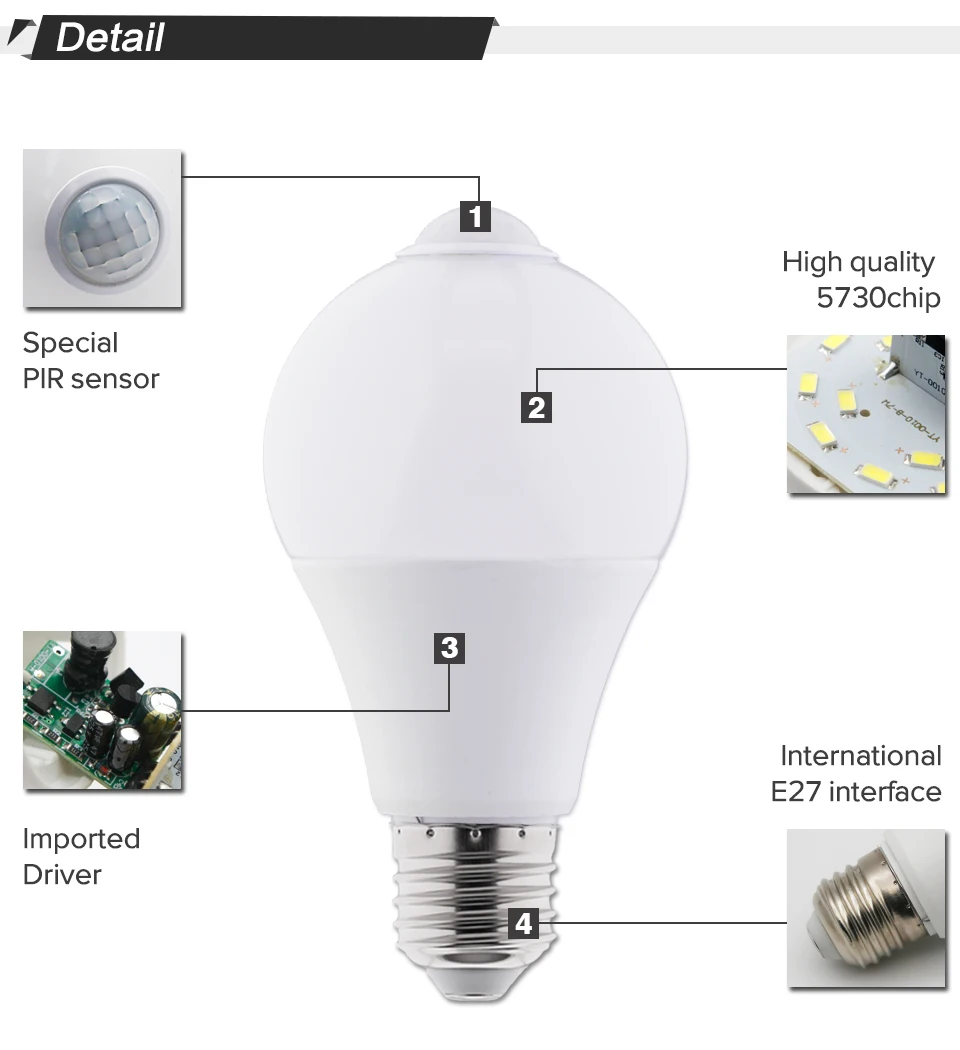 E27 Светодиодный светильник с ПИР датчиком движения 85-265 в 5 Вт 7 Вт Светодиодный светильник 220 в 110 В Авто умная ПИР инфракрасная лампа для тела