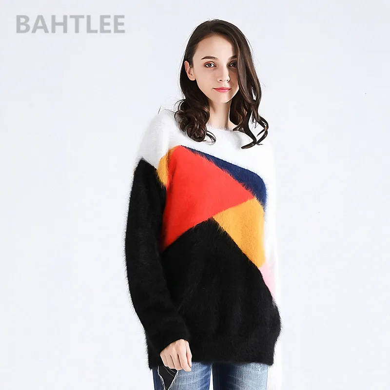 

BAHTLEE Autumn winter women's angora rabbit knitted pullovers sweater long sleeve o-neck keep warm Polychromatic patchwork