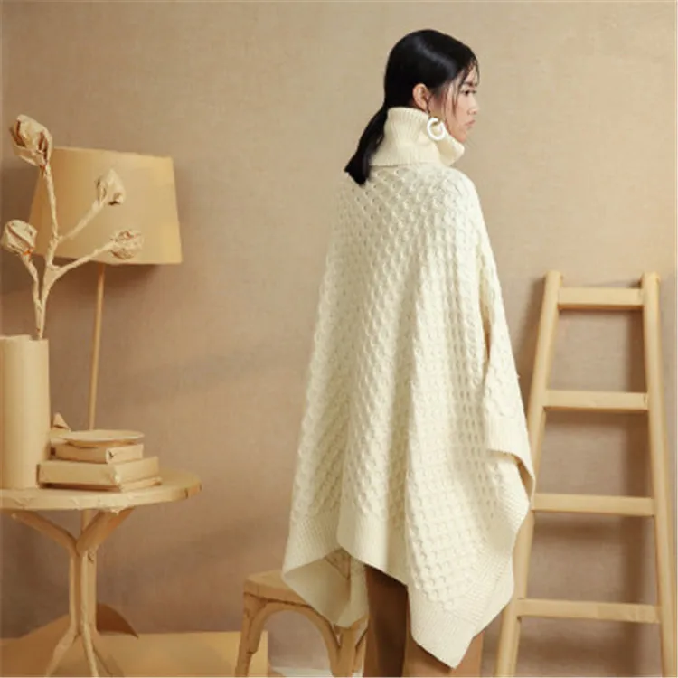  top grade 100%hand made pure wool knit women fashion turtleneck batwing sleeve long cloak sweater s