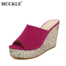 MCCKLE Frauen Mode Sandalen Frau Hausschuhe Frauen Plattform Keilabsatz Schuhe Sommer Peep Toe Glitter Neue Schwarz Komfortable