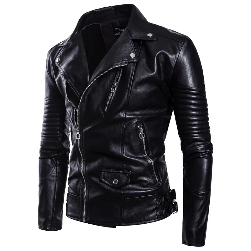 Мужская мотоциклетная кожаная куртка черная приталенная модная уличная куртка из искусственной кожи на молнии пальто размера плюс мужская одежда M-5XL