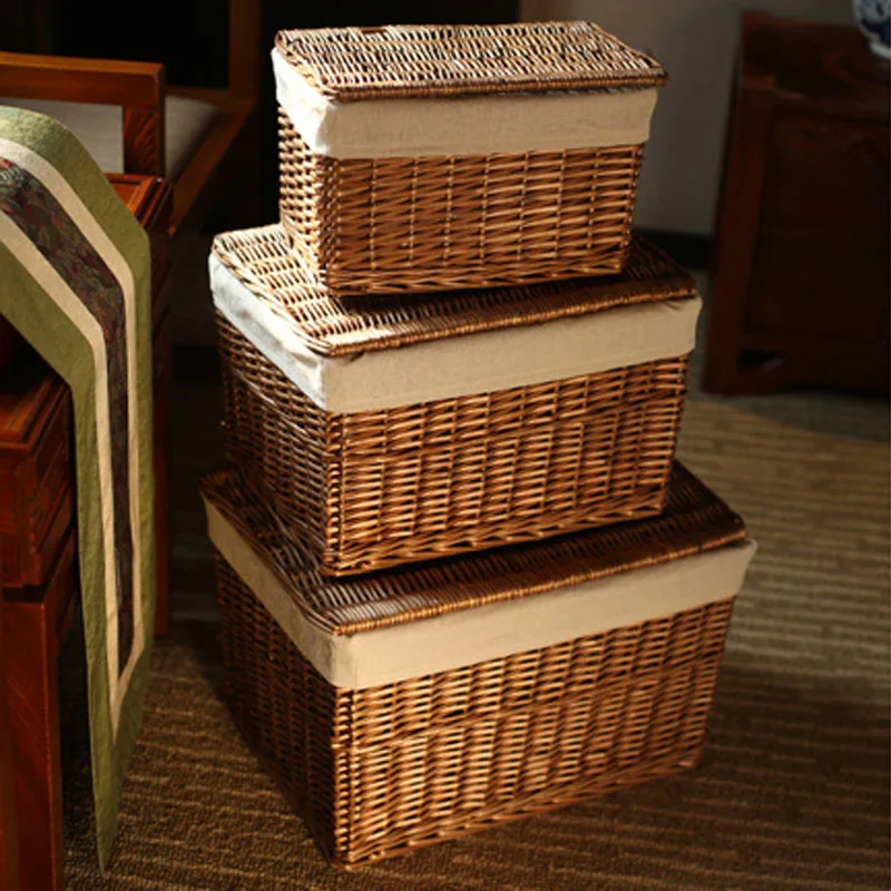 Classic Handwoven Household Storage Wicker Basket with Lid for Clothes Sundries Pastoral Home Rattan Laundry Basket