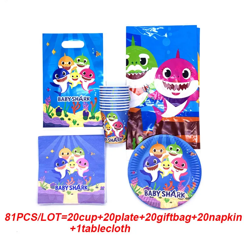 

51pcs/81pcs/lot Baby Shark Theme Baby Shower Child Birthday Party Paper Cup Plate Candy Gift Bag Napkin Tablecover Supply