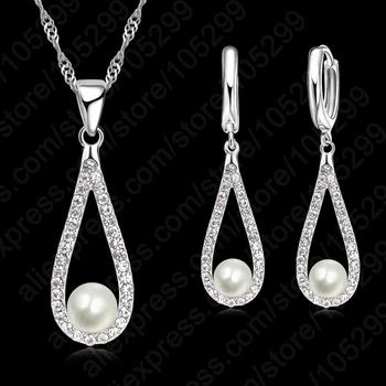 

925 Sterling Silver Shiny CZ Crystal Water Drop Pearl Necklaces For Woman Fine Jewelry Wedding Earring Set Gift
