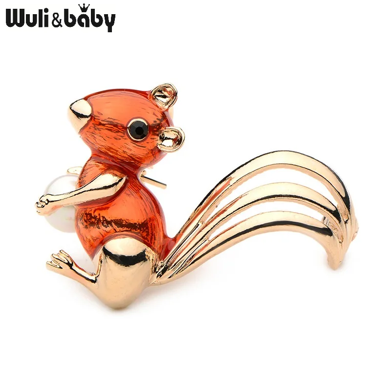 

Wuli&baby Alloy Orange Enamel Squirrel Brooches For Women And Men Metal Simulated Pearl Animal Party Banquet Brooch Pins