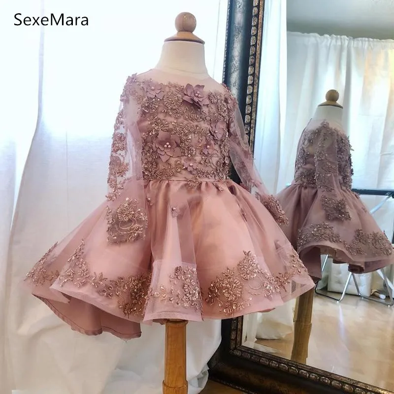 

Luxurious Beaded Knee Length Flower Girls Dresses with Long Sleeve Appliques Pearls Toddler Pageant Dress Kid Birthday Gown