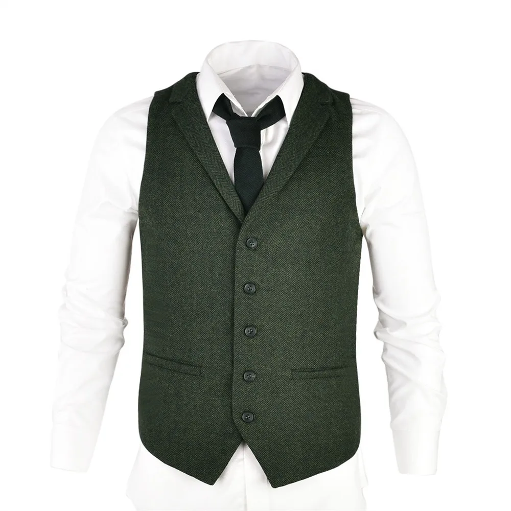 

VOBOOM Woolen Tweed Suit Vest for Men Green Herringbone Slim Fit Premium Wool Blend Single-breasted Waistcoat 018