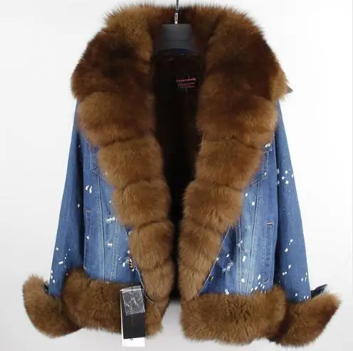 Зима, джинсовая парка, пальто с натуральным мехом, зимняя куртка для женщин, пальто с натуральным лисьим мехом, толстая теплая меховая парка, уличный стиль, Новинка - Цвет: short B 1