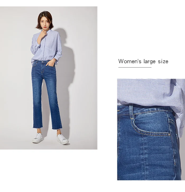 LEIJIJEANS Новая осень кисточкой средний голубой цвет Высокая Талия ботильоны Длина плюс Размеры L отбеленные тонкий Прямые джинсы Для женщин