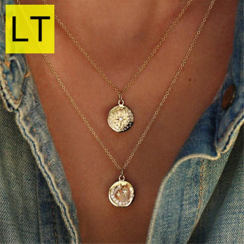 

New Shining Crystal Moon Star Circle Pendant Neaklace For Women Multilayer Chain Choker Bohemian Style Jewelry Accessories Q-142