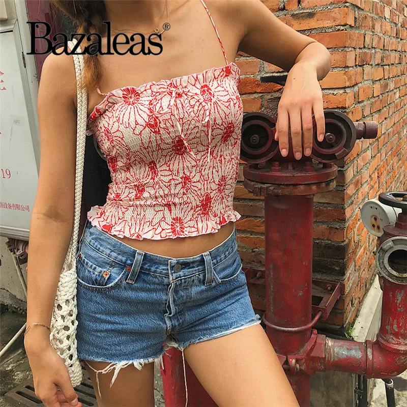 

Bazaleas Fashion Elastic Red Floral Print Women Tank Top France Center Bow women Cropped Camis Slim crop top drop shipping