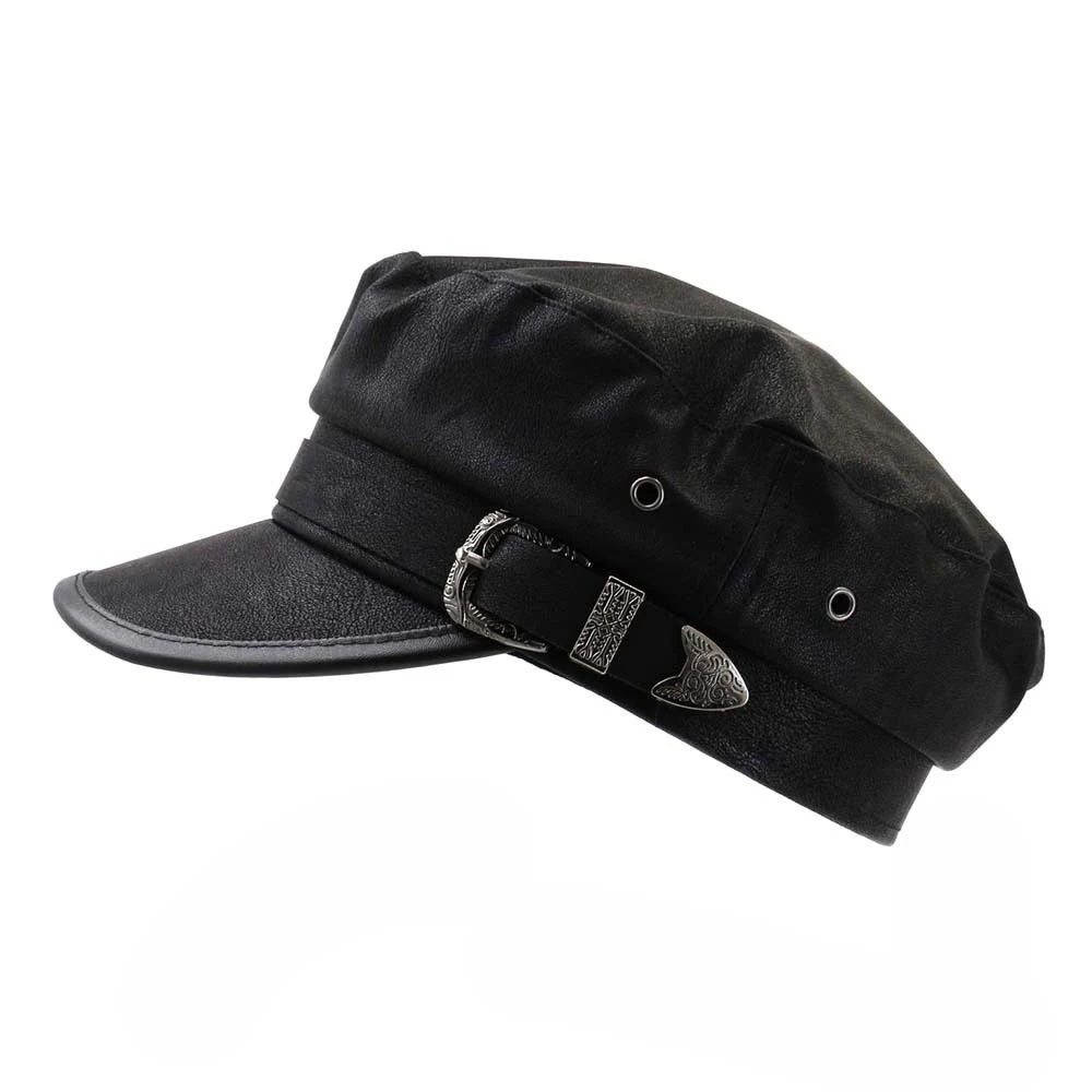 

Casual Cotton Beret Hat Men Women Military Hat PU Leather Belt Vintage Metal Buckle Fashion Beach Hat Caps Visor Flat Top Hat
