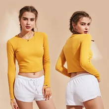 Спортивный топ женские рубашки для иоги с длинным рукавом Женский тренажерный зал топы Спортивные С О-образным вырезом для бега для фитнеса для спорта рубашка тренировочная спортивная одежда